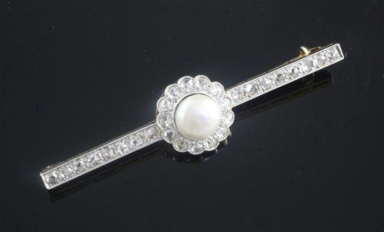An early 20th century French 18ct gold, natural pearl and rose cut diamond cluster set bar brooch, 68mm.